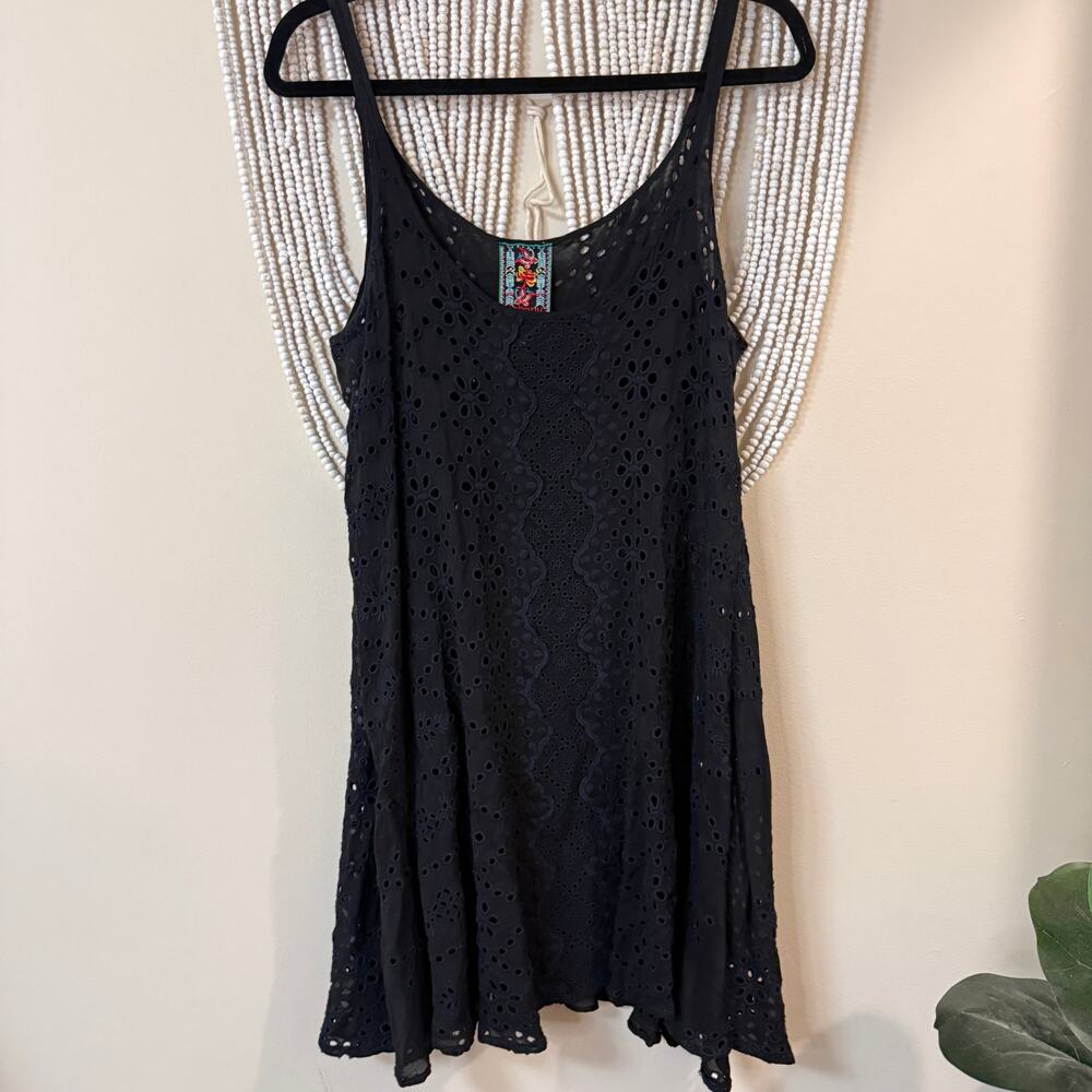 Johnny Was Black Eyelet Lace Cupro Rayon Tunic Mini Dress S